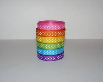 3/8" (10 mm) Rainbow Bright Polka Dot Grosgrain Ribbon Lot  (Choose 3 or 5 yards EACH of 6 different colors)