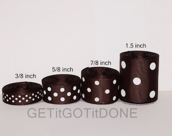 Brown Polka Dot Grosgrain Ribbon 5 Yards (You choose the width: 3/8, 5/8, 7/8 or 1.5 Inch)