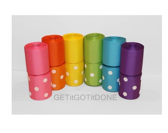 1.5" (38mm) Polka Dot and Solid Rainbow Bright Grosgrain Ribbon Lot (Choose 1 or 3 Yards each of 12 different ribbons)