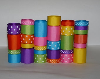 Rainbow Bright Grosgrain Ribbon Lot (Choose 1 or 2 yards EACH of 30 different ribbons -- 3/8, 7/8 and 1.5" Solids and Dots)