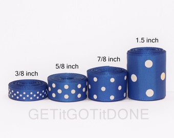 Royal Blue Polka Dot Grosgrain Ribbon 5 Yards (You choose the width: 3/8, 5/8, 7/8 or 1.5 Inch)