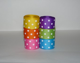 7/8" (22mm) Polka Dot Rainbow Bright Grosgrain Ribbon Lot  (Choose 3 or 5 yards EACH of 6 different colors)