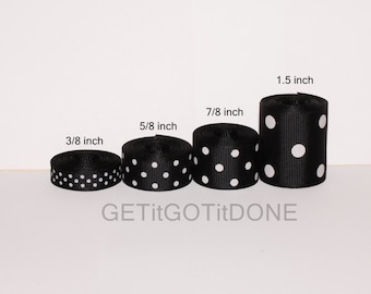 Black Polka Dot Grosgrain Ribbon 5 Yards (You choose the width: 3/8, 5/8, 7/8, or 1.5 Inch)