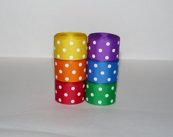 7/8" (22mm) Polka Dot Primary Colored Grosgrain Ribbon Lot  (Choose 3 or 5 yards EACH of 6 different colors)