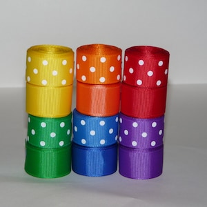 7/8&quot; (22 mm) Polka Dots and Solid Primary Color Grosgrain Ribbon Lot (Choose 2 or 5 yards EACH of 12 different ribbons)