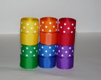 7/8" (22 mm) Polka Dots and Solid Primary Color Grosgrain Ribbon Lot (Choose 2 or 5 yards EACH of 12 different ribbons)