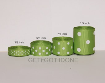 Apple Green Polka Dot Grosgrain Ribbon 5 Yards (You choose the width: 3/8, 5/8, 7/8, or 1.5 Inch)