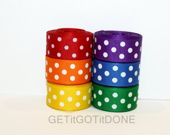 5/8" Polka Dot Primary Colors Grosgrain Ribbon Lot (Choose 3 or 5 yards EACH of 6 colors)