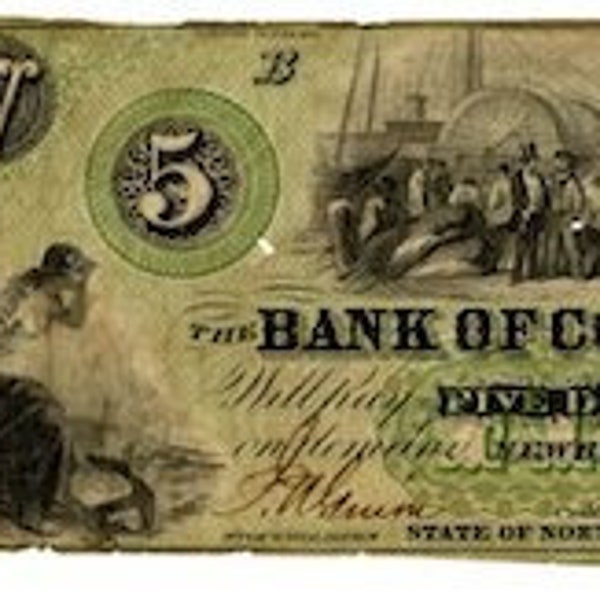Scarce Confederate CSA Five Dollar Bill Antique American Civil War Collectible Paper Currency North Carolina