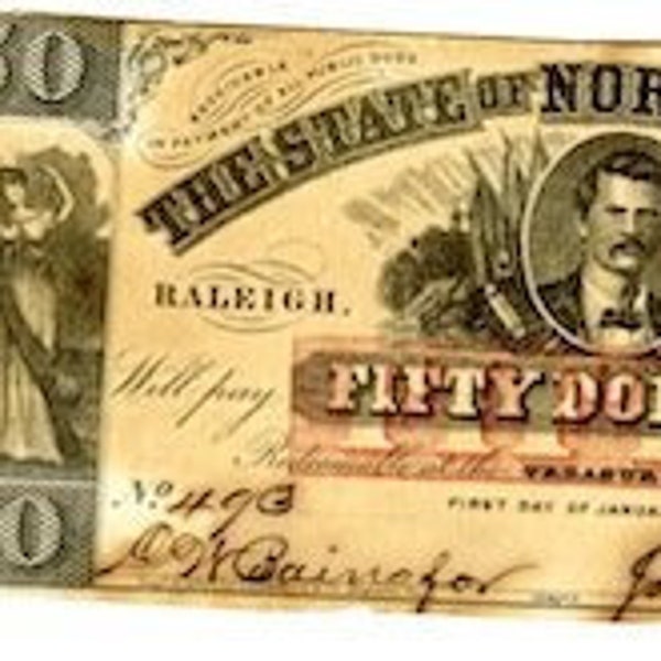 RARE Confederate States of America (CSA) Fifty Dollar Bill Collectible Paper Currency American Civil War North Carolina Zebulon Vance