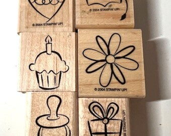VINTAGE Rubber Stamps!  LOT of SIX Stamps for cards, gift tags, more! Heart, graduation cap, cupcake, flower, pacifier, gift