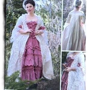 May include: Simplicity sewing pattern featuring a historical gown design. The pattern includes multiple views of a dress with a ruffled skirt and a white overcoat. The text on the pattern reads "American Duchess".
