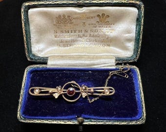 Antique Victorian Gold Brooch with Ruby and Pearls! In Box from Jewelry Store, London, England