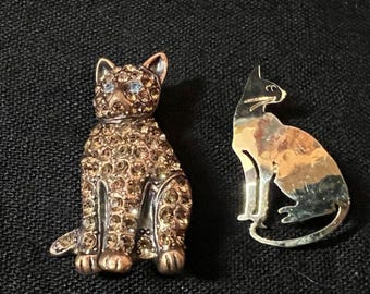 VINTAGE Cat Brooch Lot of TWO! Cute Kittens! One super sparkly and one super shiny!