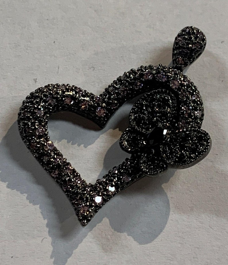925 Silver Heart and Butterfly Pendant with Clear and Black Rhinestones Vintage Jewelry