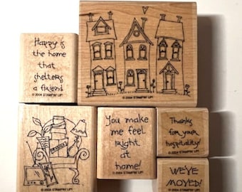 Vintage Wooden Rubber Stamps! LOT of 6 with a HOME Theme, moving, happy home, more! Stampin' Up Retired