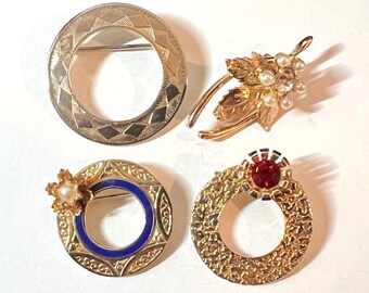 FOUR Vintage Brooch Pin Lot! Lovely Variety! Circles, Wishbone Design