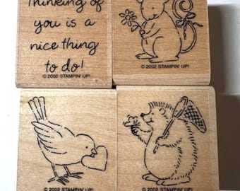 VINTAGE Rubber Stamps Lot of 4 Stampin' Up Thinking of You Set Bird, Mouse, Hedgehog  Dated 2002 RETIRED
