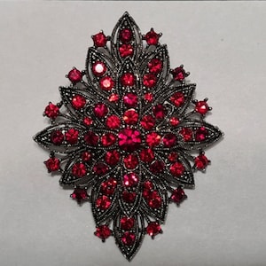 May include: A large, ornate brooch with a floral design. The brooch features a dark metal base and is adorned with numerous red gemstones of varying sizes, creating a sparkling, eye-catching accessory. The brooch is a statement piece.