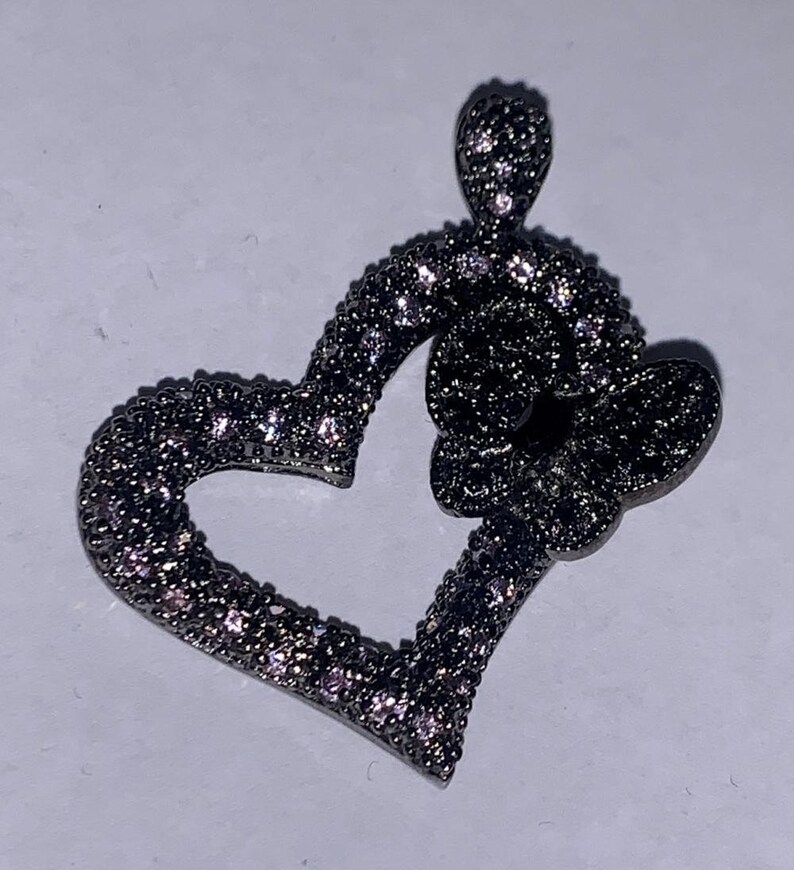 925 Silver Heart and Butterfly Pendant with Clear and Black Rhinestones Vintage Jewelry