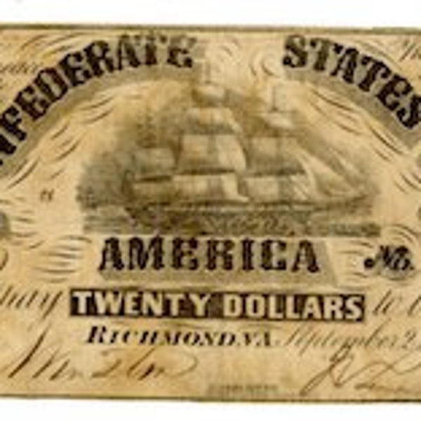 Scarce Confederate States of America CSA Civil War 20 Dollar Bill Antique Paper Currency Sailor and Ship 1861