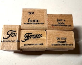 Vintage Wooden Rubber Stamps! LOT of 5 Stamps for Gift Tags!  To and From, More!