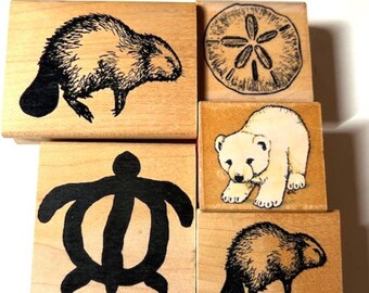 Vintage Wooden Rubber Stamps! Water Animals, Sand Dollar, Bever, turtle, polar bear! Retired and Rare!