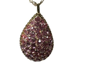 Vintage Pendant Necklace Sparkly Pink Rhinestone Teardrop Pendant on goldtone metal chain Lovely Estate Vintage Jewelry!