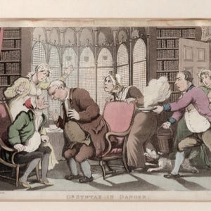 May include: A colorful, framed print depicting a chaotic scene with several figures in a room. The print features a man in a green coat seated in a chair, surrounded by others. The text "DR SYNTAX IN DANGER" is at the bottom.