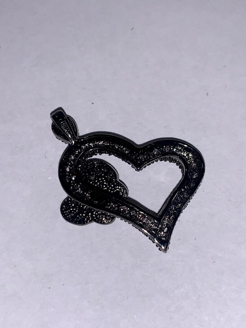 925 Silver Heart and Butterfly Pendant with Clear and Black Rhinestones Vintage Jewelry