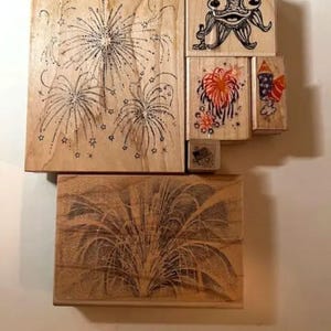 Vintage Wooden Rubber Stamps! Fireworks, Patriotic, Rocket, Flag, Funky Fish! Stampscapes, Rubbernecker, Stampendous, more!