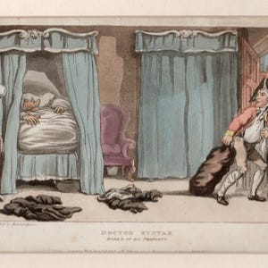 May include: A colorful illustration titled "Doctor Syntax, Horns of his Property." The image depicts a man in a bed, a man in a red coat with a bag, and various furnishings. The scene is set in a room with blue curtains and a purple chair.