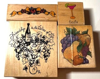 Vintage Wooden Rubber Stamps! Wine. Fruit, Friendship! PSX, Stampendous, Stamp Affair, Katie & Co. Rare and Retired!