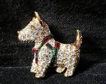 Vintage Holiday Christmas Scottie Dog Rhinestone Brooch!  KJL (Kenneth J. Lane)! Adorable! 1990s FREE SHIPPING!