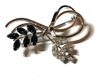 Vintage STERLING Silver Brooch! STUNNING blue and clear stones. SIGNED! ca1950s-60s Modernist Design