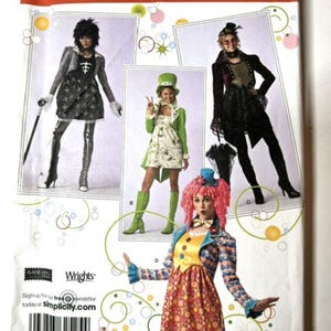 May include: Simplicity sewing pattern 2525, size RR 14, 16, 18, 20. The envelope features four costume designs: a skeleton-themed outfit, a green hat and coat ensemble, a dark Victorian-style coat, and a colorful clown costume with a pink wig.