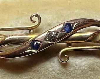 Antique Gold Brooch with Sapphires and Diamonds! Original Box from England, 15 CT gold! Wow!
