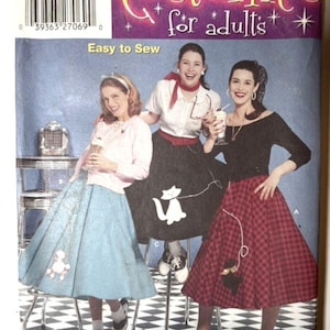 May include: A Simplicity sewing pattern envelope for adult costumes, model 5403, size HH 6-12. The cover features three individuals wearing 1950s-style outfits, including full skirts with poodle and cat appliqués, a cardigan, and a black top.