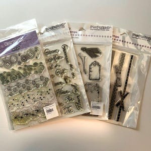 Vintage FOUR Acrylic Stamp Kits! Clear Design, Stampendous Sets New in Package! Borders, wedding party, timeless tags, ribbon bow border