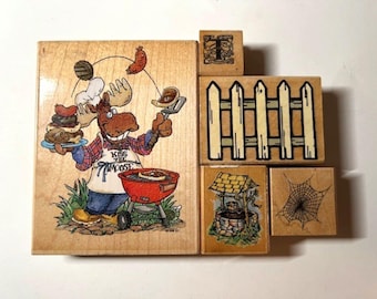 Vintage Wooden Rubber Stamps! Moose, Fence, Spider Web, Letter T, Wishing Well! Retired and Rare Stampendous, Inkadinkado, More!