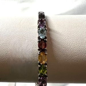 Vintage Multi-Gemstone Hinged Bangle Bracelet! Gorgeous Blue Topaz, Garnet, Citrine, Amethyst, Peridot, Set in Sterling Silver!