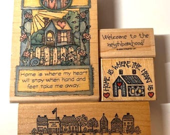 Vintage Wooden Rubber Stamps! LOT of 4 with a HOME Theme Stamp Expressions, Rubber Stampede, Hampton Art Stamps