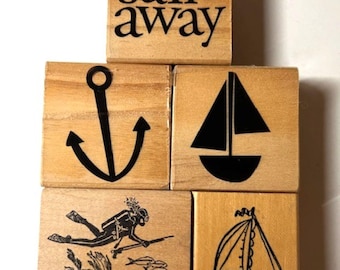 Vintage Wooden Rubber Stamps! LOT of 5 Nautical Ocean Theme! Sailboats, anchor, diver, sail away!  Sarasota Stamps, More! Retired and Rare!