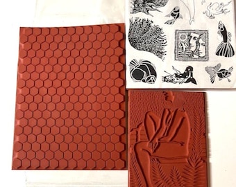 Vintage Unmounted Rubber Stamps Bee Hive Background, Ocean Life Set, Meer Image Art Stamp of Woman