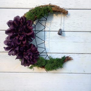 Crescent Moon Wreath with Purple Flowers & Amethyst / Gothic Wreath / Crystal Wreath /Cottage Core Wreath