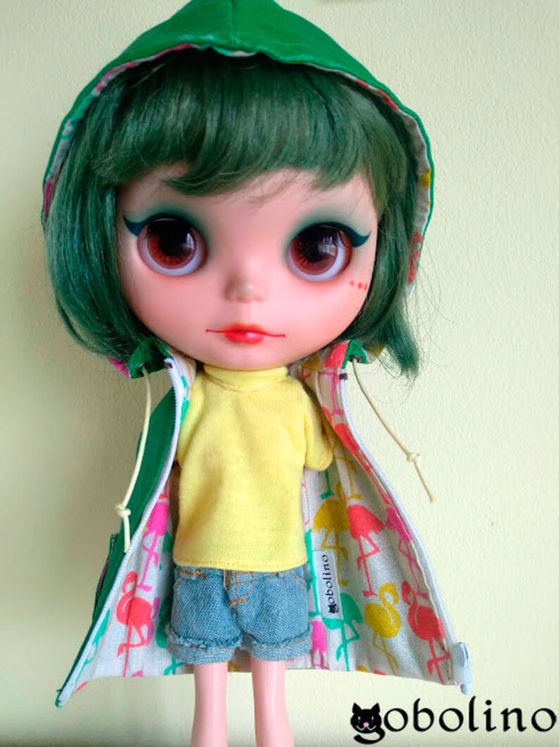 Green and flamingos raincoat for Blythe dolls