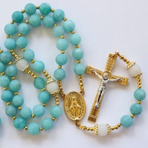 Médaille Notre-Dame de la Miraculeuse, chapelet catholique, perles de jade bleu mat 8 mm, ton doré, cartes de prière et coffret cadeau faits main, Inc.