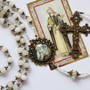 St Catherine of Siena Rosary: Frosted Quartz Beads, Bronze Floral Crucifix