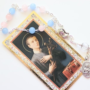 Chapelet catholique Saint-Gérard, perles de jade rose et bleu, saint patron pour les enfants et l'accouchement, fabriqué à la main