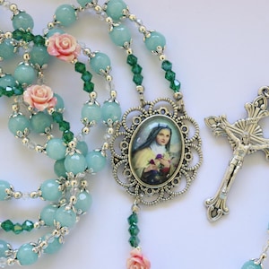 St Therese of Lisieux Catholic Rosary, Heirloom Rosary, Blue Jade Gemstone Beads 8mm, Silver Crucifix and Rosary Centre, Roses,